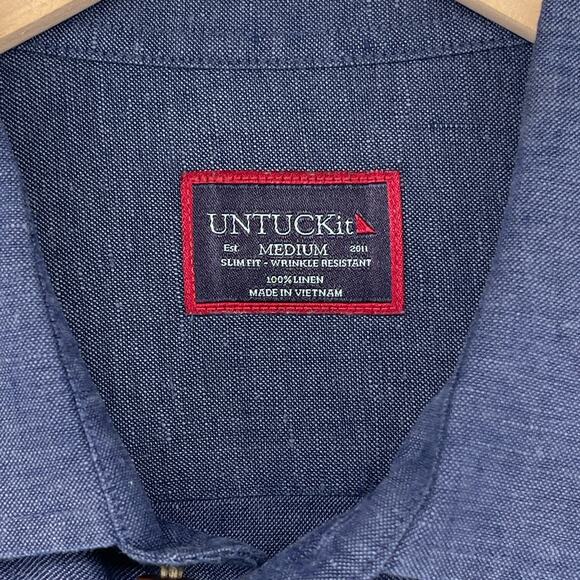 UNTUCKIT Shirt Mens M Cameron WR Linen Chambray Slim Fit Wrinkle Resistant Blue - Picture 5 of 13